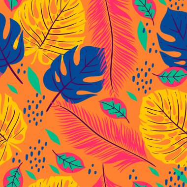 Turuncu arka planda tropik yaprakları olan kusursuz bir desen. Vektör resmi.