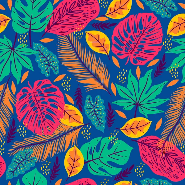 Modèle Sans Couture Avec Des Feuilles Tropicales Sur Fond Bleu — Image vectorielle