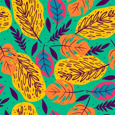 Yeşil arka planda tropikal yaprakları olan kusursuz bir desen. Vektör resmi.