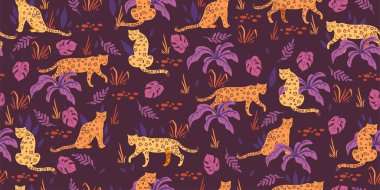 Tropikal yapraklar ve leoparlarla kusursuz desen. Vektör resmi