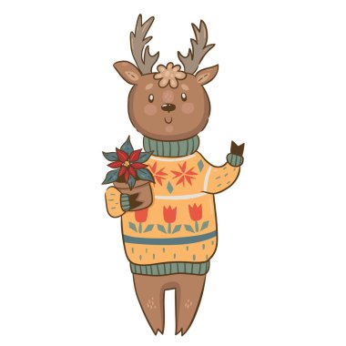 Beyaz arka planda, tencerede bitkisi olan bir kazak içindeki geyik. Vektör resmi.