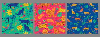 Leopar ve tropikal yapraklı bir desen seti. Vektör resmi.