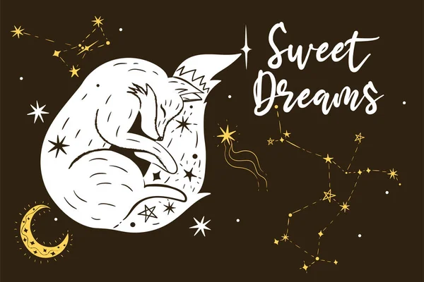 眠っているキツネ 星と碑文とポスター甘い夢 ベクトル画像 — ストックベクタ