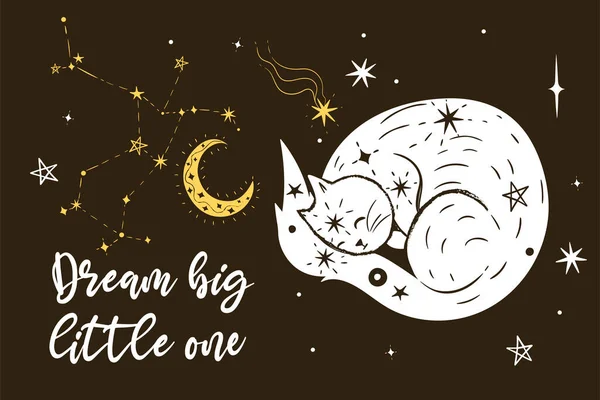 睡眠猫とポスター 星と碑文夢の大きな小さな1つ ベクトル画像 — ストックベクタ