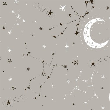 Ay ve takımyıldızlı kusursuz yıldız deseni. Vektör resmi.