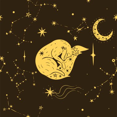 Kusursuz yıldız tilkisi deseni. Siyah arka planda sarı tilki ve yıldızlar. Vektör resmi.