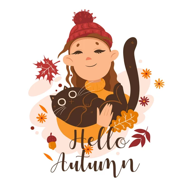 Chica Sosteniendo Gato Sus Brazos Inscripción Hello Autumn Imagen Vectorial — Vector de stock