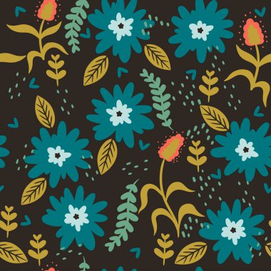 Çiçekler ve yapraklarla kusursuz desen. Vektör resmi.