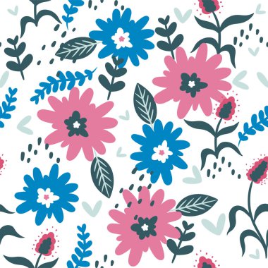 Çiçekler ve yapraklarla kusursuz desen. Vektör resmi.