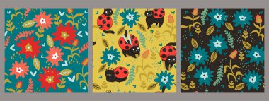 Kedi böcekleri ve çiçeklerle kusursuz desenler koleksiyonu. Vektör resmi.