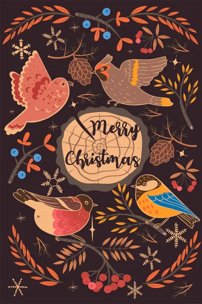 冬の鳥と碑文メリークリスマスとグリーティングカード ベクトル画像 — ストックベクタ