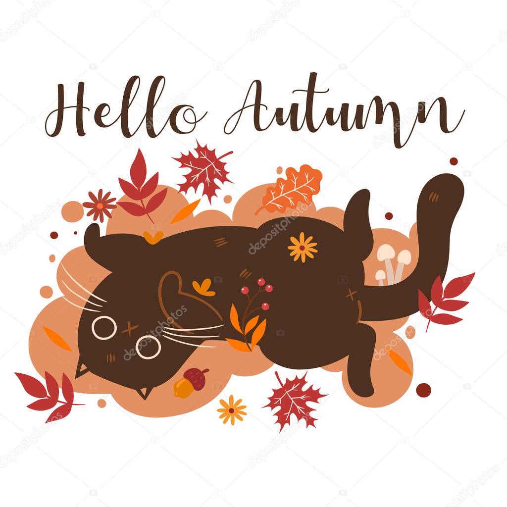 Autumn cat illustration and the inscription Hello Autumn. Vector image