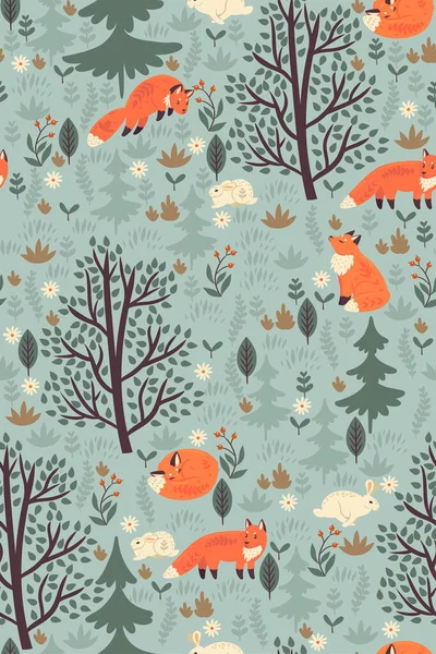 森林无缝图案与狐狸和野兔 矢量图像 — 图库矢量图片