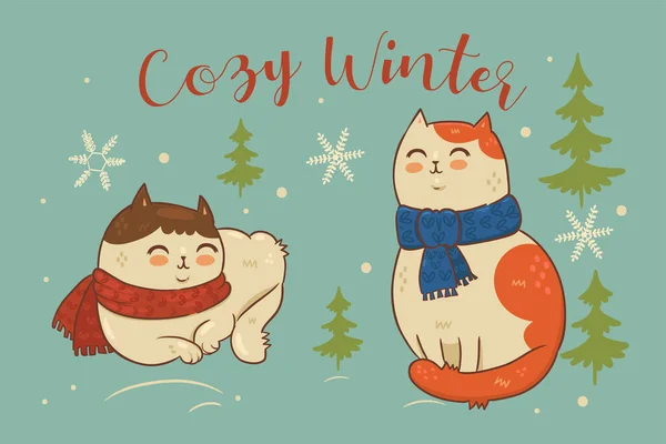 Postkarte Mit Katzen Schals Und Der Aufschrift Kuscheliger Winter Vektorbild — Stockvektor