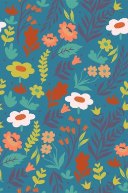 Çiçekler ve yapraklarla kusursuz desen. Vektör resmi.