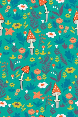 Amanita ve çiçeklerle kusursuz bir düzen. Vektör resmi