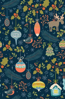 Noel oyuncakları ve dallarla kusursuz desen. Vektör resmi.