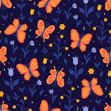 Çiçekler ve kelebeklerle kusursuz desen. Vektör resmi.