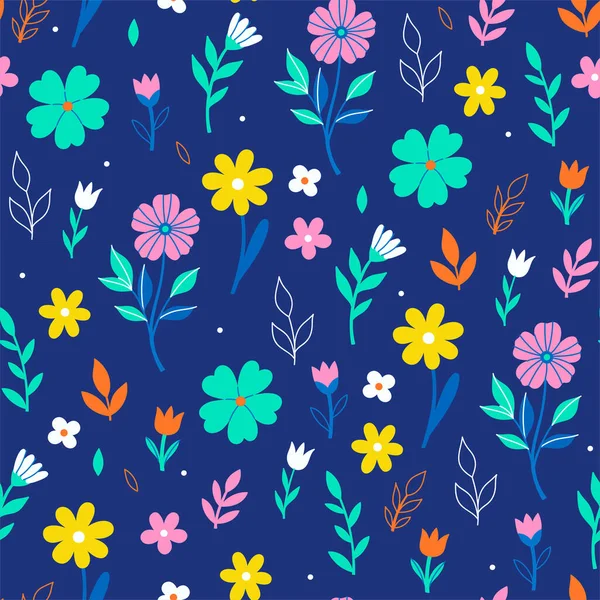 Çiçeksiz desenli, mavi arka planda basit çiçekler. Vektör resmi