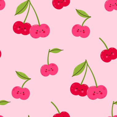 Pembe arka planda şirin kirazları olan kusursuz bir desen. Vektör resmi.