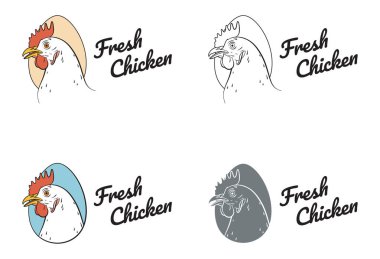 Tavuk tavuk taze, liste başkanı, yumurta izole logo, beyaz geri. Dükkan, çiftlik, kasap, kümes hayvanları için. Illüstrasyon. Etiket, işaret, amblem, sembol, maskot. Logo türleri kümesi. 