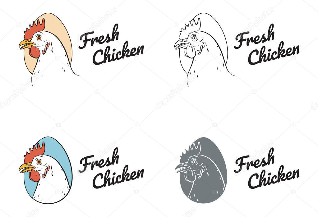 Chicken hen fresh, roster head, egg isolated logo, white back. For shop,  farm, butcher, poultry. Illustration. Label, sign, emblem, symbol, mascot. Set of logotypes.