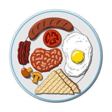 Hand drawn vector illustration of Full English Breakfast plate with sausage, egg, toasted bread, blood sausage, tomato, beans and mushroom. Retro Ink engraving drawing vector Hand drawn vector illustration of Full English Breakfast plate with sausage, egg, toasted bread, blood sausage, tomato, beans and mushroom. Retro Ink engraving drawing vector