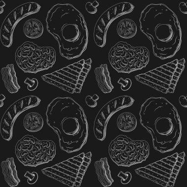 Hand drawn vector illustration of Full English Breakfast plate with sausage, egg, toasted bread, blood sausage, tomato, beans and mushroom. Vector seamless pattern background. Ink engraving drawing vector Hand drawn vector illustration of Full English Breakfast plate with sausage, egg, toasted bread, blood sausage, tomato, beans and mushroom. Vector seamless pattern background. Ink engraving drawing vector
