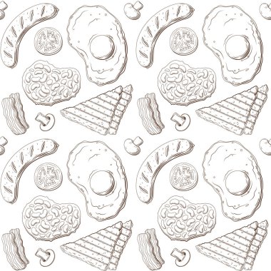 Hand drawn vector illustration of Full English Breakfast plate with sausage, egg, toasted bread, blood sausage, tomato, beans and mushroom. Vector seamless pattern background. Ink engraving drawing vector Hand drawn vector illustration of Full English Breakfast plate with sausage, egg, toasted bread, blood sausage, tomato, beans and mushroom. Vector seamless pattern background. Ink engraving drawing vector