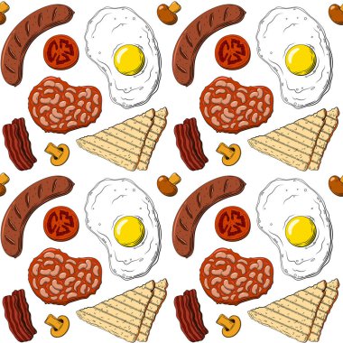 Hand drawn vector illustration of Full English Breakfast plate with sausage, egg, toasted bread, blood sausage, tomato, beans and mushroom. Vector seamless pattern background. Ink engraving drawing vector Hand drawn vector illustration of Full English Breakfast plate with sausage, egg, toasted bread, blood sausage, tomato, beans and mushroom. Vector seamless pattern background. Ink engraving drawing vector