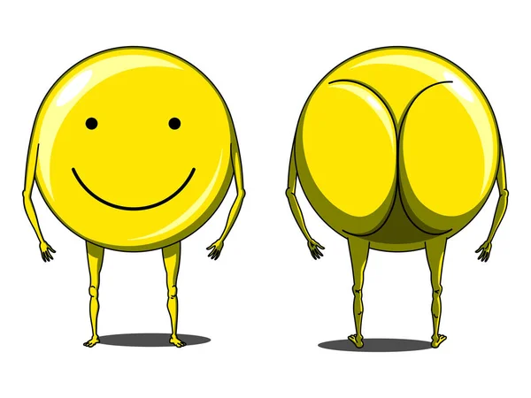 Emoji, ifade, gülen vektör logosu işareti, sembol, simge. Mutlu gülümseme sarı yüz ve geri elleri, bacakları ve hatta eşek ile. Sorunsuz arka plan, desen, duvar kağıdı olabilir.