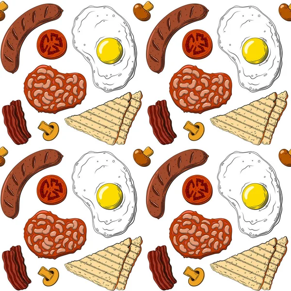 Sosis, yumurta, tost ekmeği, kan sosis, domates, fasulye ve mantar ile Tam İngilizce Kahvaltı tabağı El çizilmiş vektör illüstrasyon. Vektör sorunsuz desen arka plan. Mürekkep gravür çizimi
