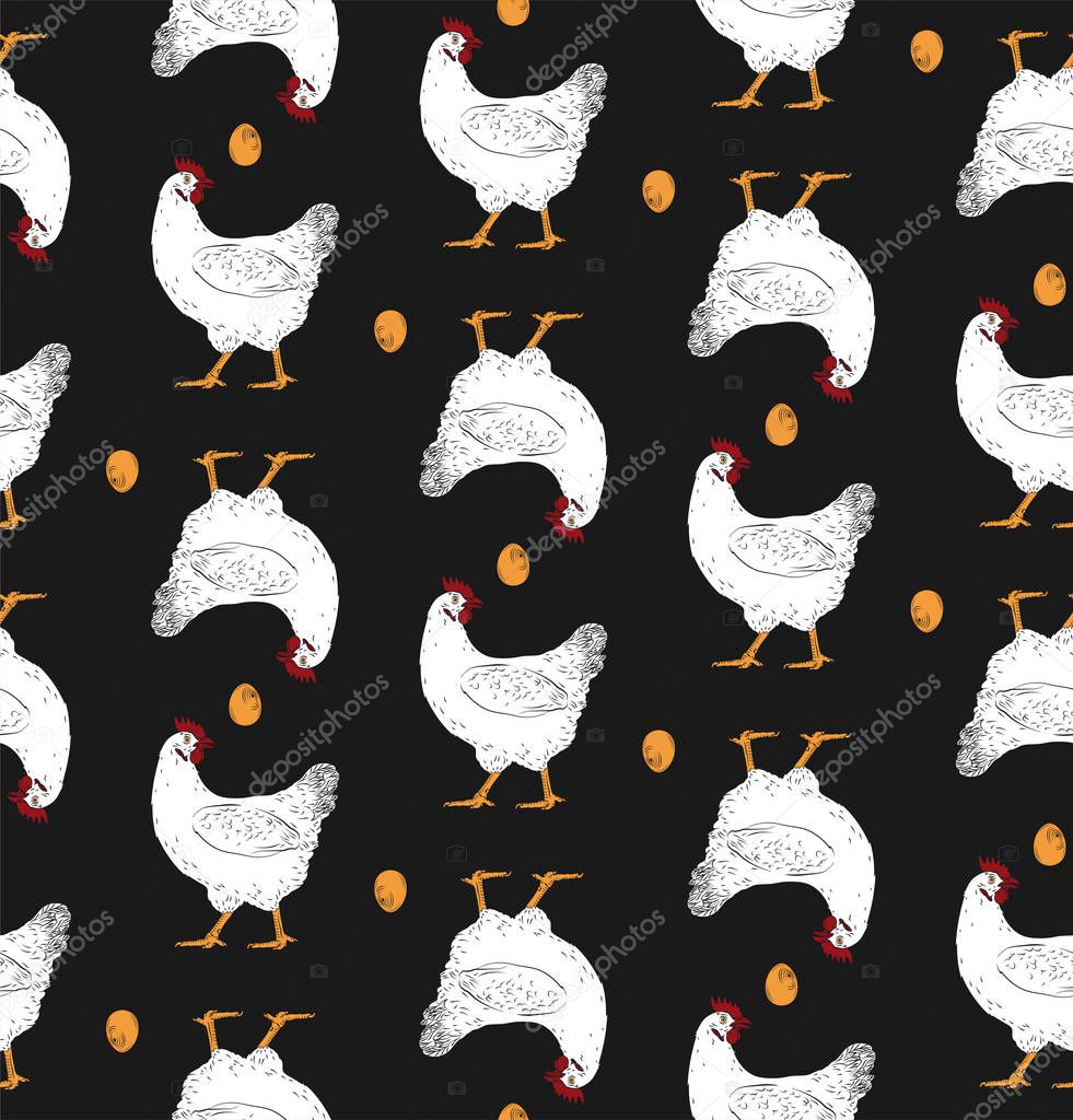 Chicken, hen, roster, egg vector seamless background texture pattern. White back. For shop,  farm, butcher, poultry. Illustration. Label, sign, emblem, symbol, mascot.