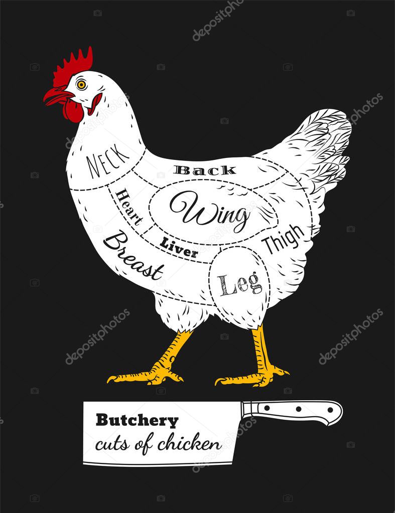 Chicken hen fresh, roster isolated vector logo, black back. For shop,  farm, butcher, poultry. Illustration. Label, sign, emblem, symbol, mascot. Set of logotypes. Butchery cuts.