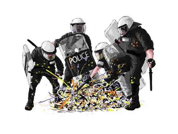 Police beats paint splashes Jackson Pollock style. Funny picture artistic protest. Police officers in helmet, with shield and baton bit kick fight with paint splashes. — Stock Photo, Image