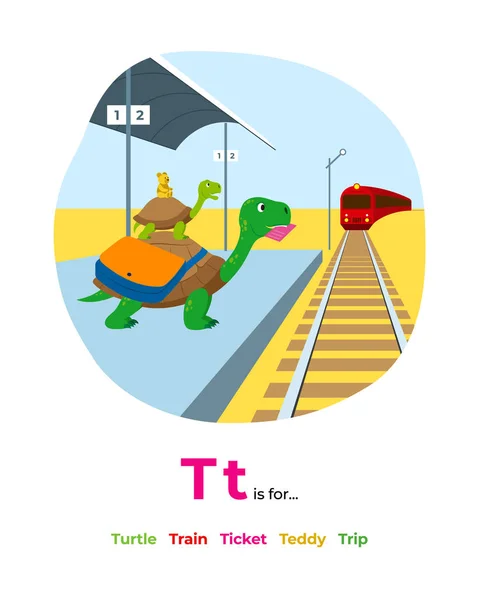 Kaplumbağa, tren, bilet, oyuncak, gezi ile bu harf resimleri ile çocuklar için T harfi ile İngilizce alfabe Renkli karikatür. - Vektör