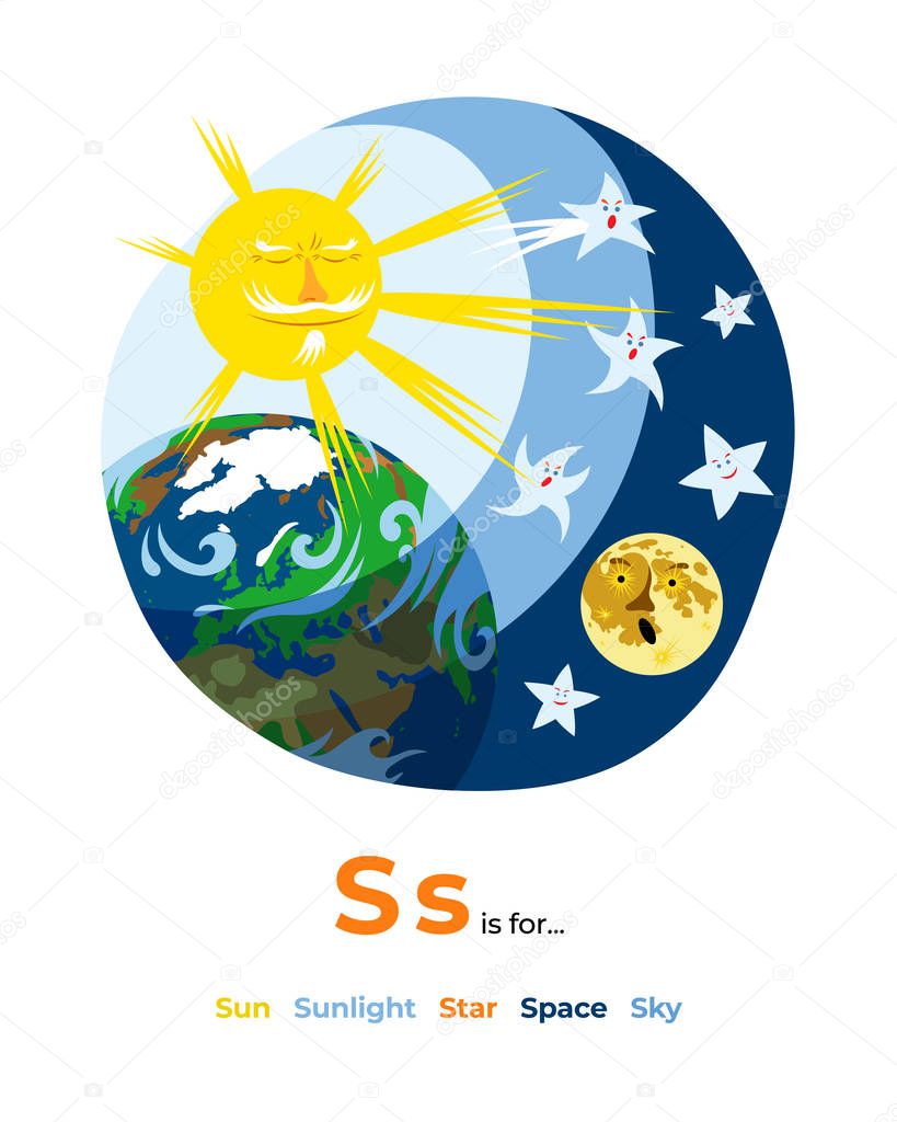 English alphabet Colored cartoon with letter S for children, with pictures to these letter with sun, star, sunlight, space, sky. - Vector