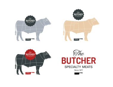 Sığır boğa kasap et dükkanı logotype veya işareti. Buzağı Angus beyaz arka plan üzerinde izole. Sığır logosu. Kasaplık işareti. Çiftlik sembolü. Tavuk. Siyah ve beyaz amblem, sembol, siluet. Damga.