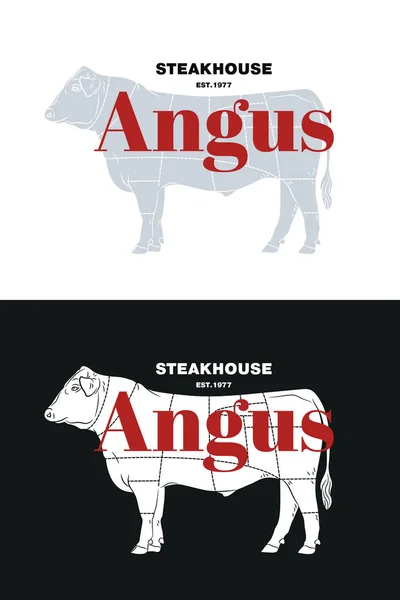 Sığır boğa kasap et dükkanı logotype veya işareti. Buzağı Angus beyaz arka plan üzerinde izole. Sığır logosu. Kasaplık işareti. Çiftlik sembolü. Tavuk. Siyah ve beyaz amblem, sembol, siluet. Damga.