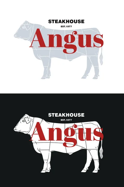 Beef cow bull butcher meat shop logotype or sign. Calf Angus isolated on white background. Cattle logo. Butchery sign. Farm symbol. Poultry. Black and white emblem, symbol, silhouette. Stamp.