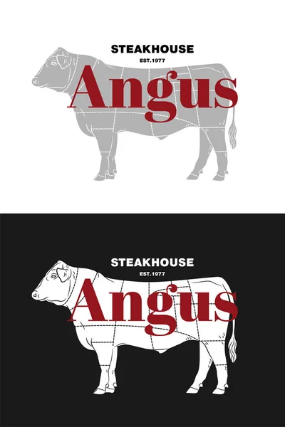 Beef cow butcher meat shop logotype or sign. Calf bull Angus isolated on white background. Cattle logo. Butchery sign. Farm symbol. Poultry. Black and white emblem, symbol, silhouette. Stamp. Vector — Stock Illustration Beef Cow Butcher Meat Shop Logotype Sign Calf Bull Angus Vector Graphics