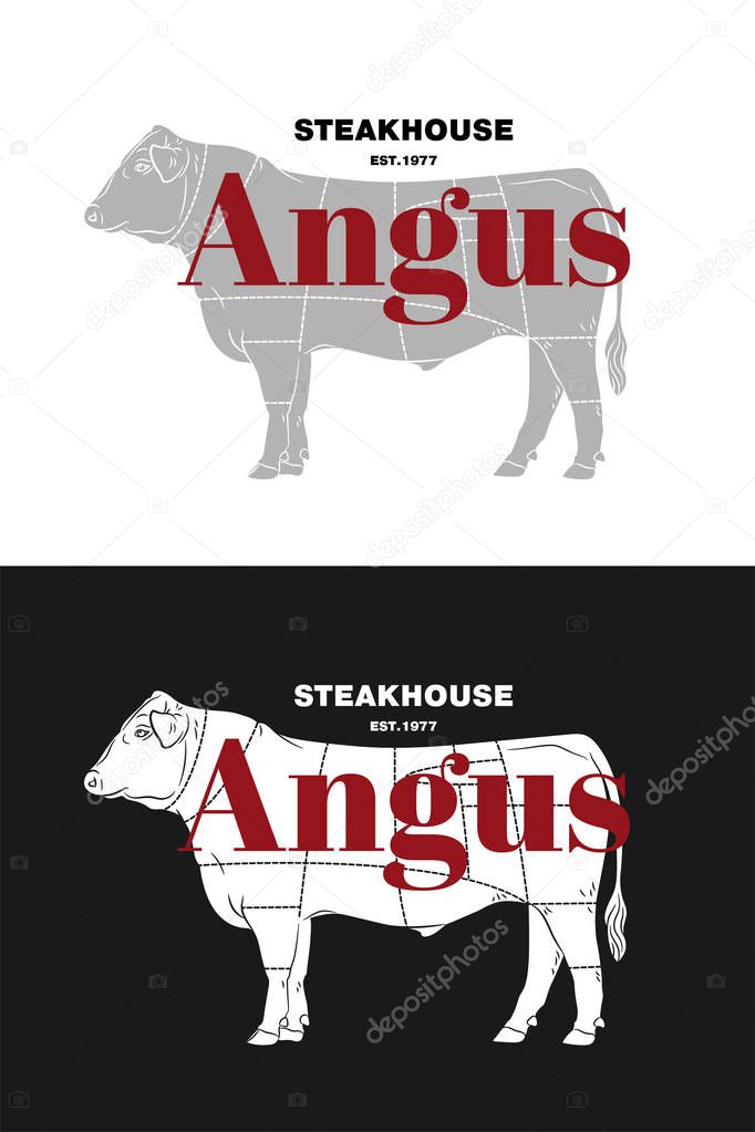 Beef cow butcher meat shop logotype or sign. Calf bull Angus isolated on white background. Cattle logo. Butchery sign. Farm symbol. Poultry. Black and white emblem, symbol, silhouette. Stamp. Vector 