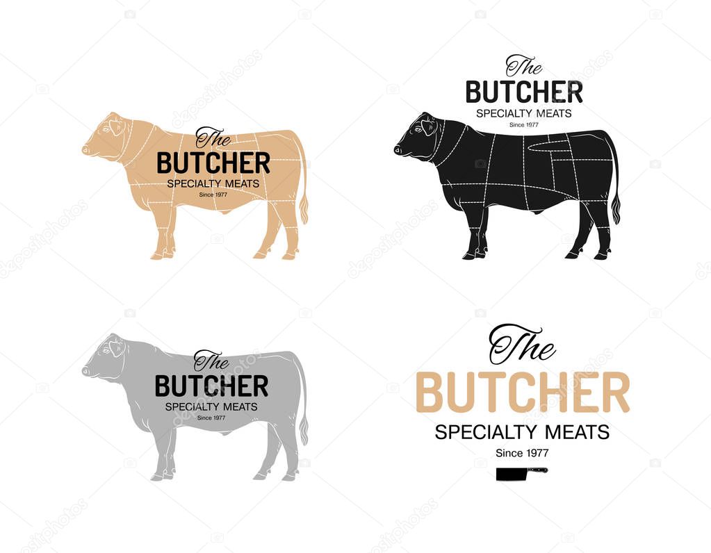 Beef cow butcher meat shop logotype or sign. Calf bull Angus isolated on white background. Cattle logo. Butchery sign. Farm symbol. Poultry. Black and white emblem, symbol, silhouette. Stamp. Vector 