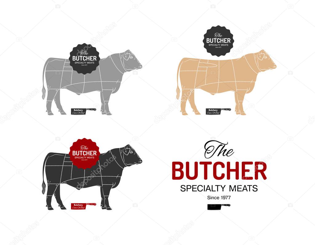 Beef cow butcher meat shop logotype or sign. Calf bull Angus isolated on white background. Cattle logo. Butchery sign. Farm symbol. Poultry. Black and white emblem, symbol, silhouette. Stamp. Vector 