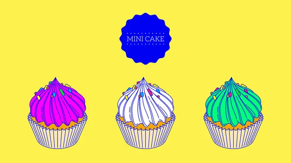 Mini kek seti, lezzetli krem girdap, tatlı, fincan kek, muffin, tart, pasta, rozet, aperatif, tatlı. Bakery shop cafe ürünleri vektör illüstrasyon logosu, izole, işaret, sembol, logotürü, simge. Mürekkep 