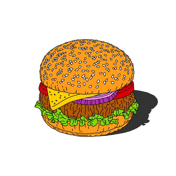 Hamburger nero. Carne di manzo o verdure costoletta hamburger hamburger grande mac sandwich, con pomodoro, foglia di insalata, cipolla, semi di sesamo, disegno stencil vettore senza contorni. Bistro. Spuntino americano . — Foto Stock