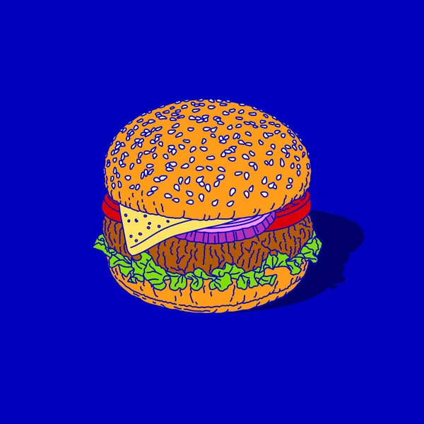 Hamburger nero. Carne di manzo o verdure costoletta hamburger hamburger grande mac sandwich, con pomodoro, foglia di insalata, cipolla, semi di sesamo, disegno stencil vettore senza contorni. Bistro. Spuntino americano . — Foto Stock