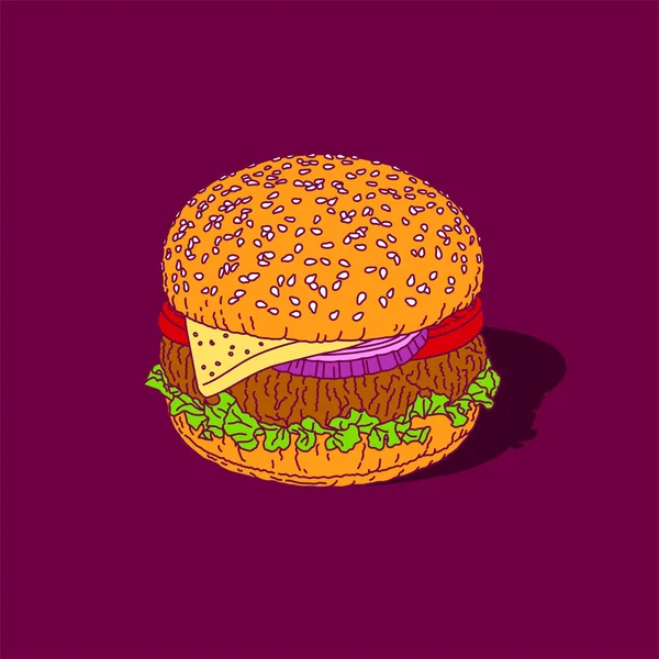 Dana et veya sebze pirzama peynir burger hamburger büyük mac sandviç, domates ile, salata yaprağı, soğan, siyah ekmek, susam, anahatolmadan vektör şablon çizim. Bistro. Amerikan çerez.