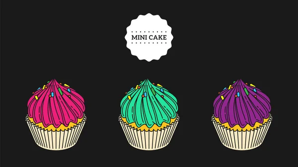 Mini cake set, heerlijke crème Kronkel, dessert, Cup Cake, muffin, tart, gebak, rozet, snack, zoet. Bakkerij winkel café producten vector illustratie logo, geïsoleerd, teken, symbool, logotype, icon. Inkt — Stockvector