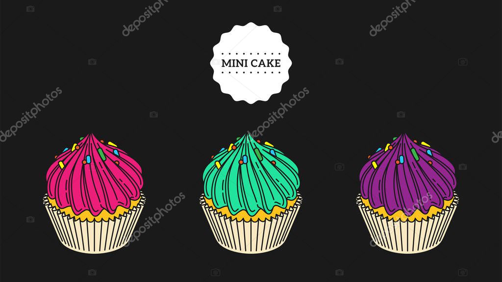 Mini cake set, delicious cream twirl, dessert, cup cake, muffin, tart, pastry, rosette, snack, sweet. Bakery shop cafe products vector illustration logo, isolated, sign, symbol, logotype, icon. Ink